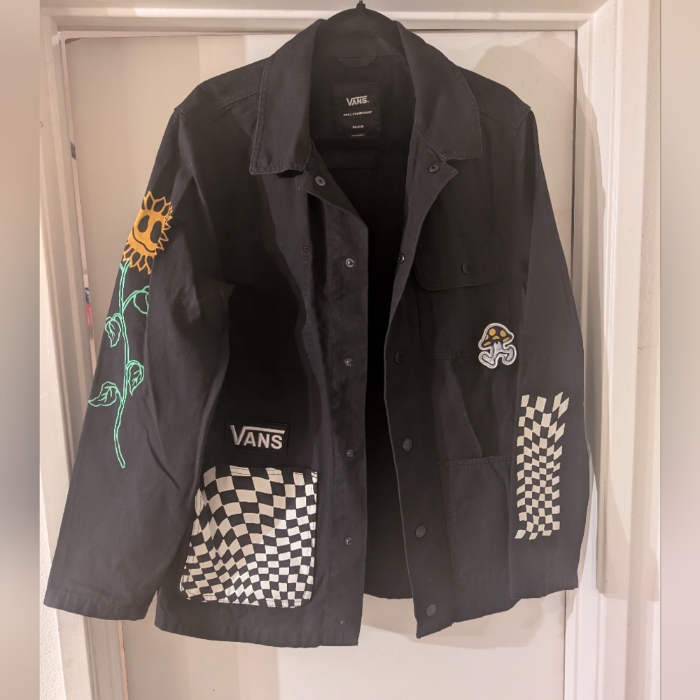 Vans Black Jacket with Sunflower and Checkerboard Patches